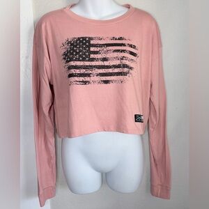 Grunt Style Pink Black Flag Graphic Long Sleeve Crop Women Large